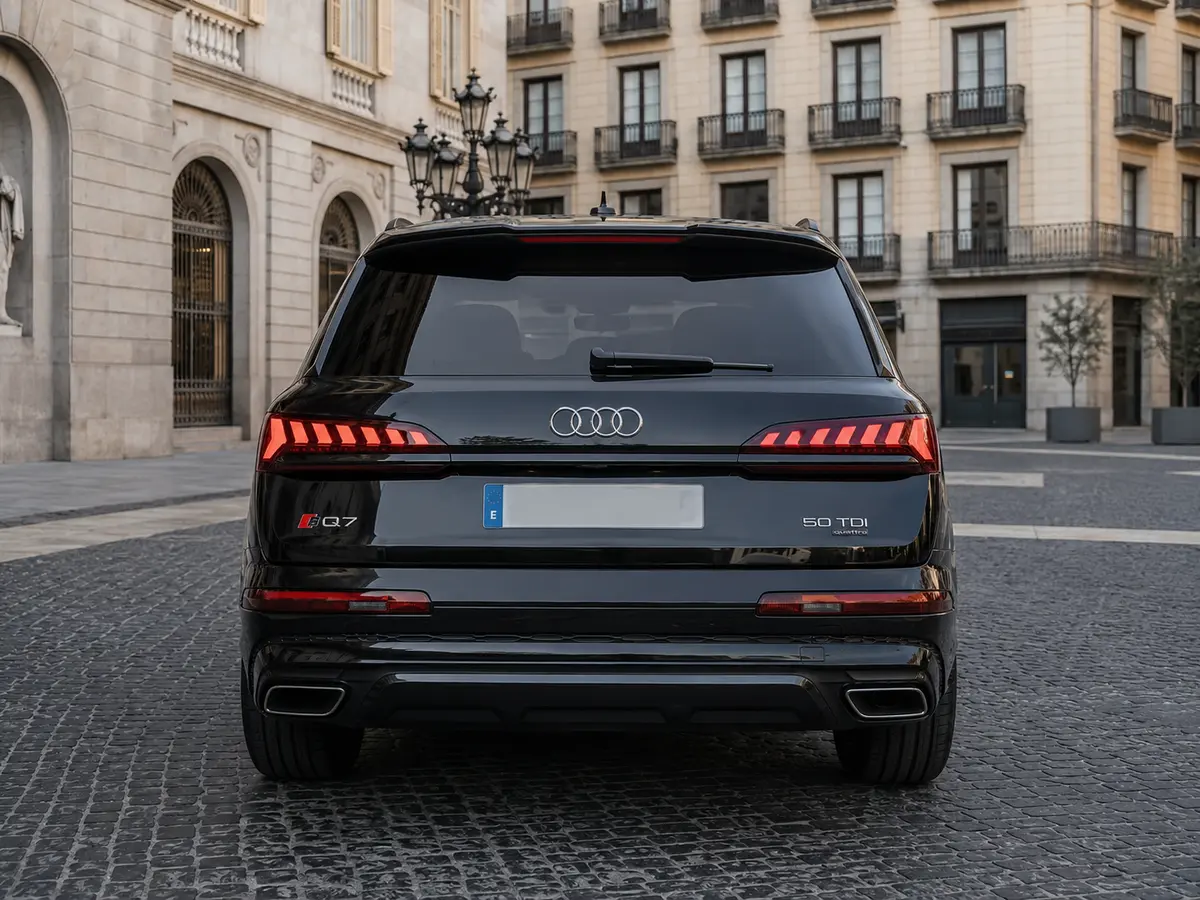 Audi Q7 50 TDI S-Line Edition 2025, rear view — Barcelona Luxury Car Rental, Barcelona. The Audi Q7 50 TDI S-Line Edition brings a different kind of presence to the fleet: a…