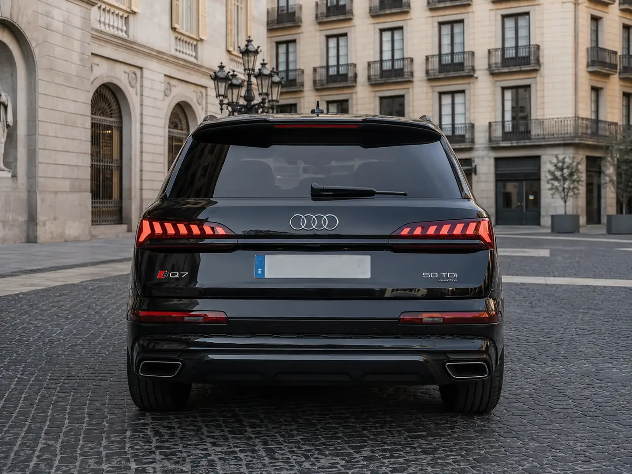 Audi Q7 50 TDI S-Line Edition 2025, rear view — Barcelona Luxury Car Rental, Barcelona. The Audi Q7 50 TDI S-Line Edition brings a different kind of presence to the fleet: a…