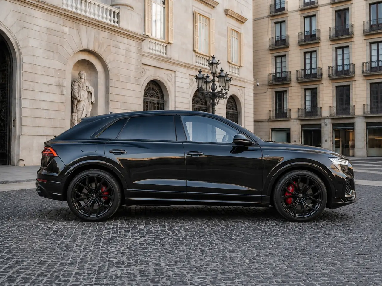 Audi Q8 2025, exterior — Barcelona Luxury Car Rental, Barcelona. The 2025 Audi Q8 sits in the fleet as the quiet, capable choice for clients who want SUV…