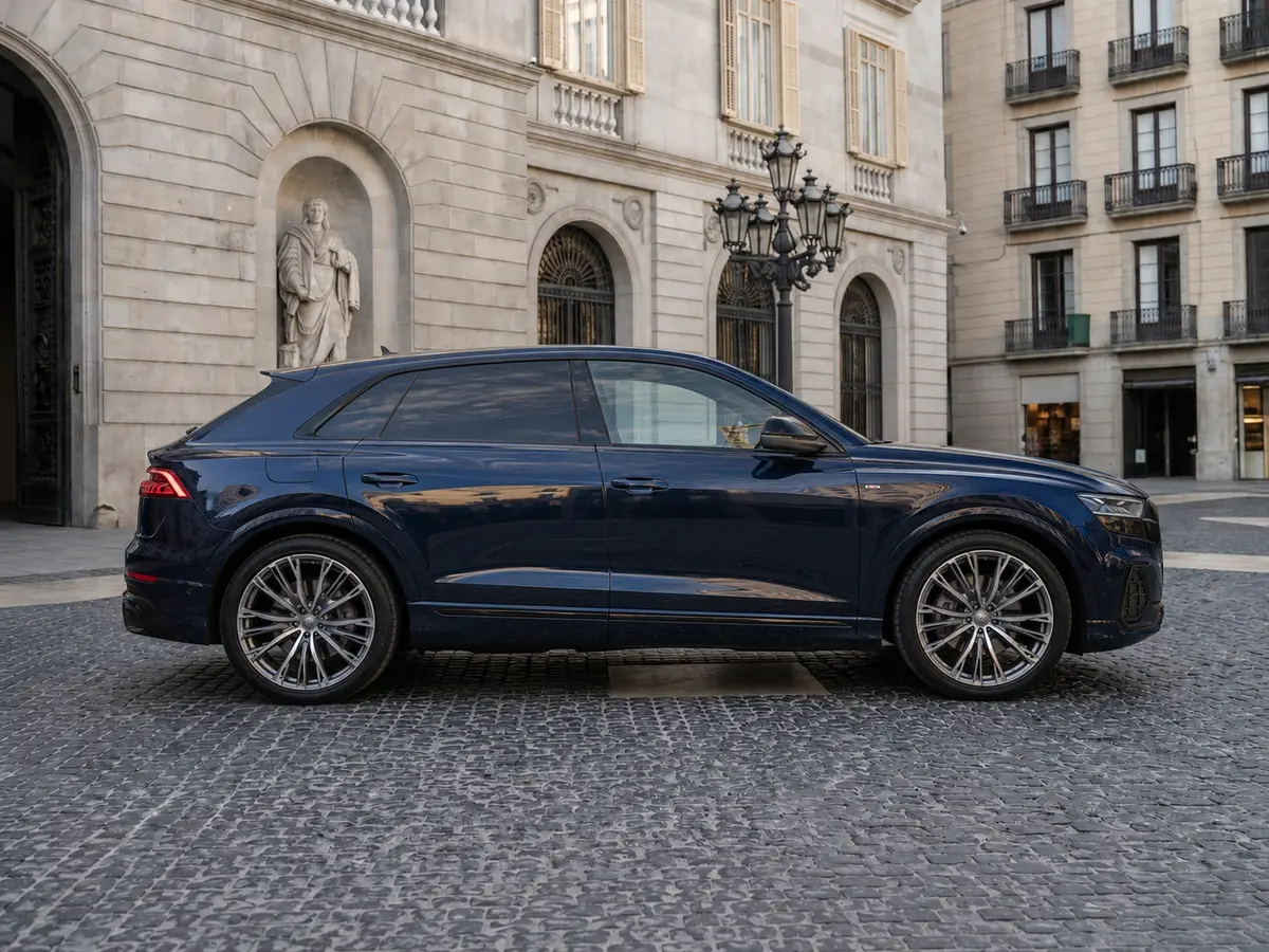 Audi Q8 55 TFSI 2022, front view — Barcelona Luxury Car Rental, Barcelona. The 2022 Audi Q8 55 TFSI pairs 340 hp with a five-seat cabin built for clients who want…