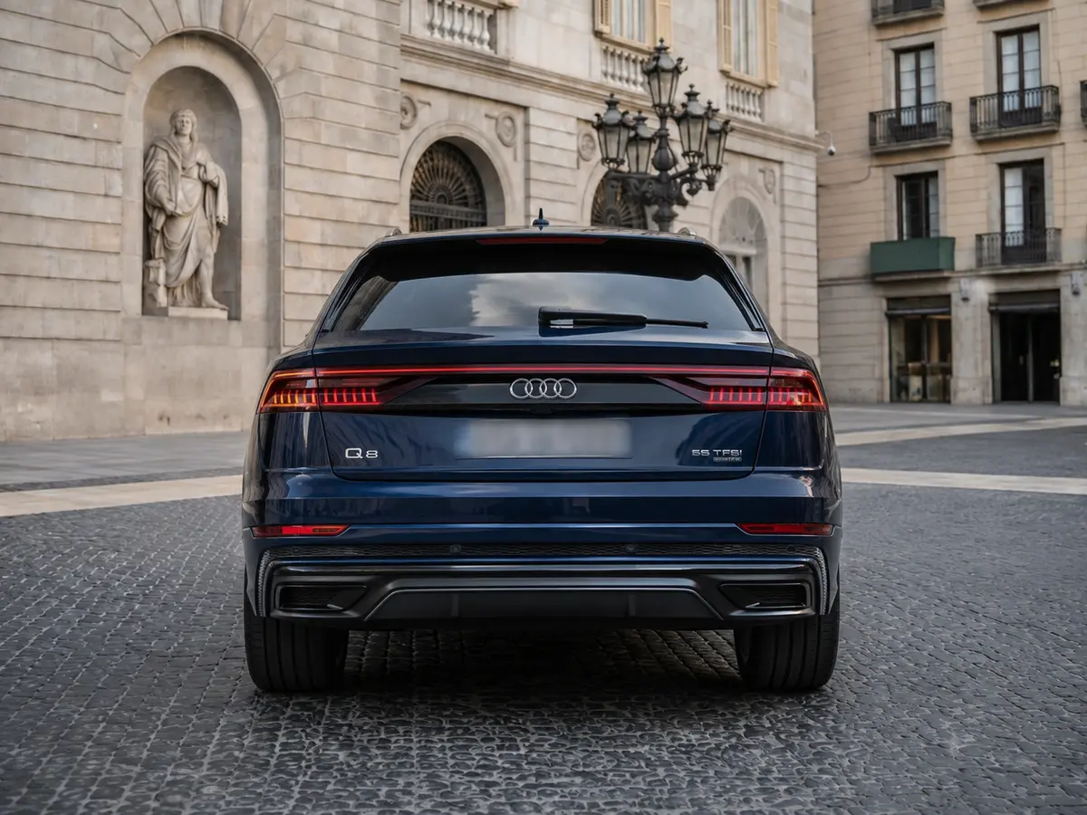 Audi Q8 55 TFSI 2022, rear view — Barcelona Luxury Car Rental, Barcelona. The 2022 Audi Q8 55 TFSI pairs 340 hp with a five-seat cabin built for clients who want…