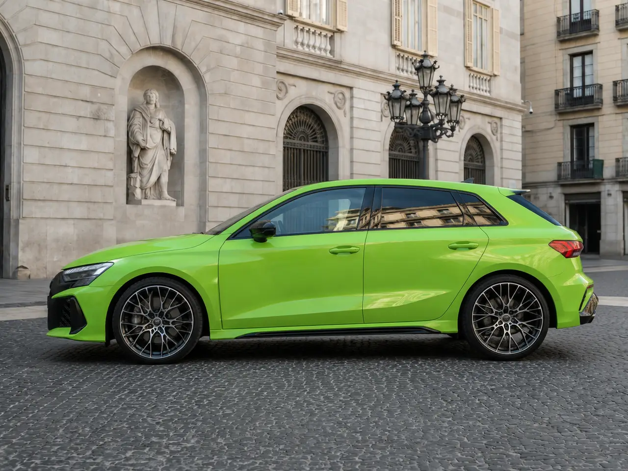 Audi RS3 Restyling 2025, exterior — Barcelona Luxury Car Rental, Barcelona. The 2025 Audi RS3 Restyling carries 400 hp through a compact four-seat body, built for…