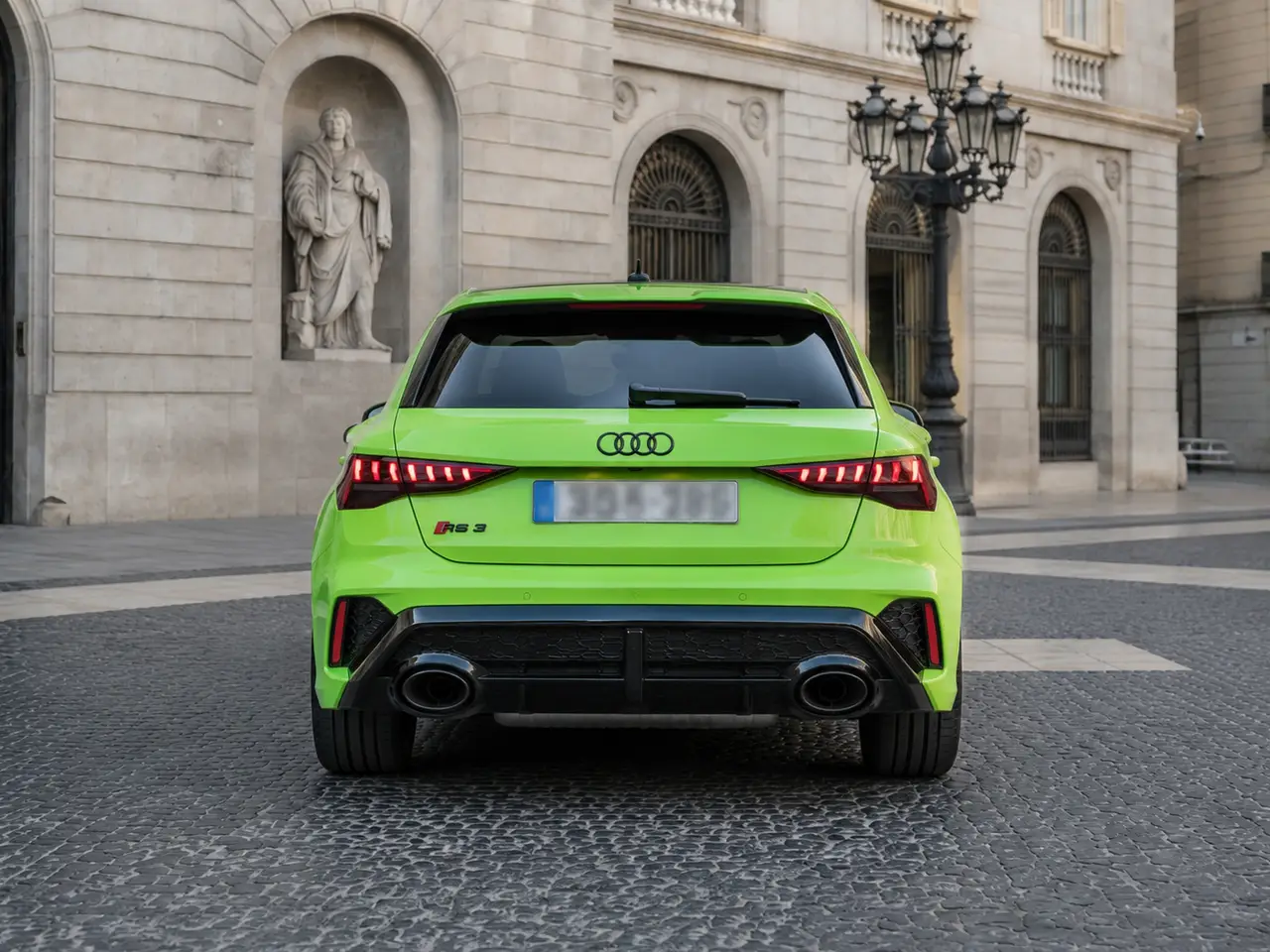 Audi RS3 Restyling 2025, rear view — Barcelona Luxury Car Rental, Barcelona. The 2025 Audi RS3 Restyling carries 400 hp through a compact four-seat body, built for…