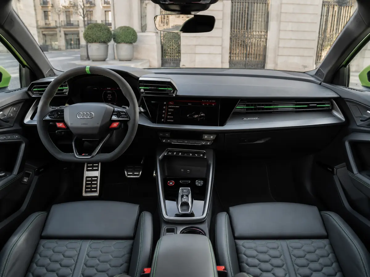 Audi RS3 Restyling 2025, interior — Barcelona Luxury Car Rental, Barcelona. The 2025 Audi RS3 Restyling carries 400 hp through a compact four-seat body, built for…