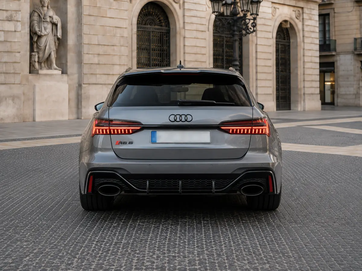 Audi RS6 2022, rear view — Barcelona Luxury Car Rental, Barcelona. The 2022 Audi RS6 pairs 591 hp with a five-seat body most supercars cannot offer, giving…