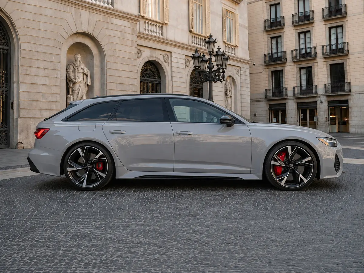Audi RS6 Dynamic 2023, exterior — Barcelona Luxury Car Rental, Barcelona. El Audi RS6 Dynamic de 2023 combina la carrocería familiar del Avant con una mecánica de…