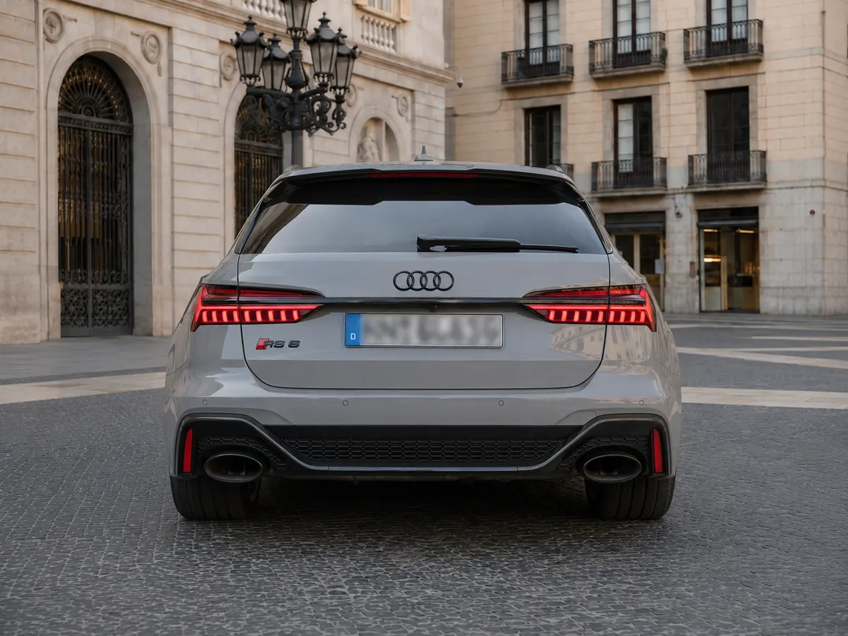 Audi RS6 Dynamic 2023, vista trasera — Barcelona Luxury Car Rental, Barcelona. El Audi RS6 Dynamic de 2023 combina la carrocería familiar del Avant con una mecánica de…