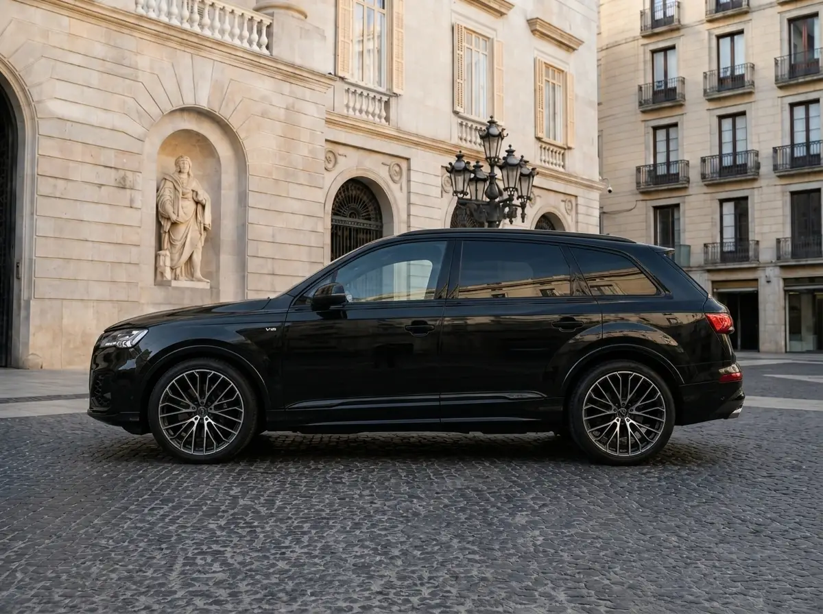 Audi SQ7 2025, rear view — Barcelona Luxury Car Rental, Barcelona. The 2025 Audi SQ7 carries 507 hp through a seven-seat body, a combination that few SUVs…