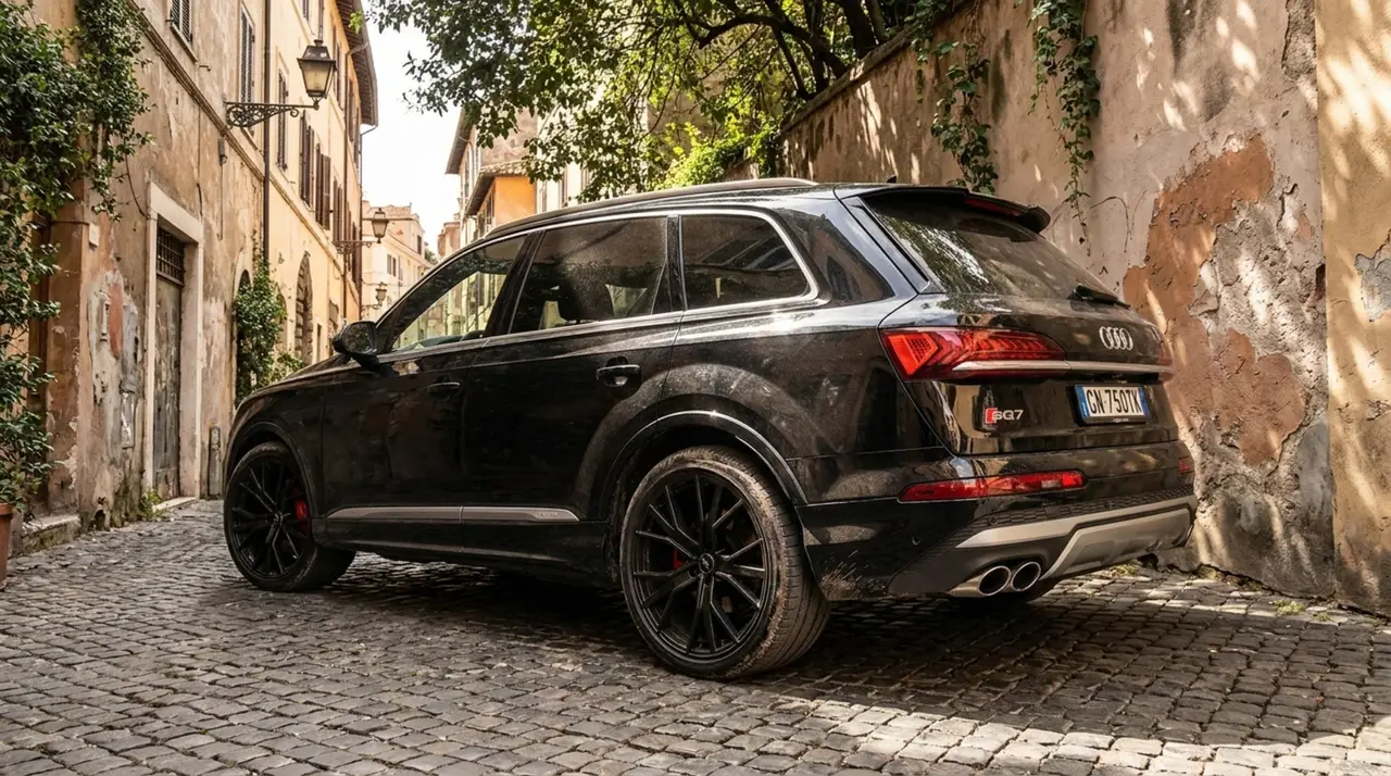 Audi SQ7 7seater 2023, vista frontal — Barcelona Luxury Car Rental, Barcelona. El Audi SQ7 de siete plazas reúne los 530 CV de su motor con el equilibrio propio de un…