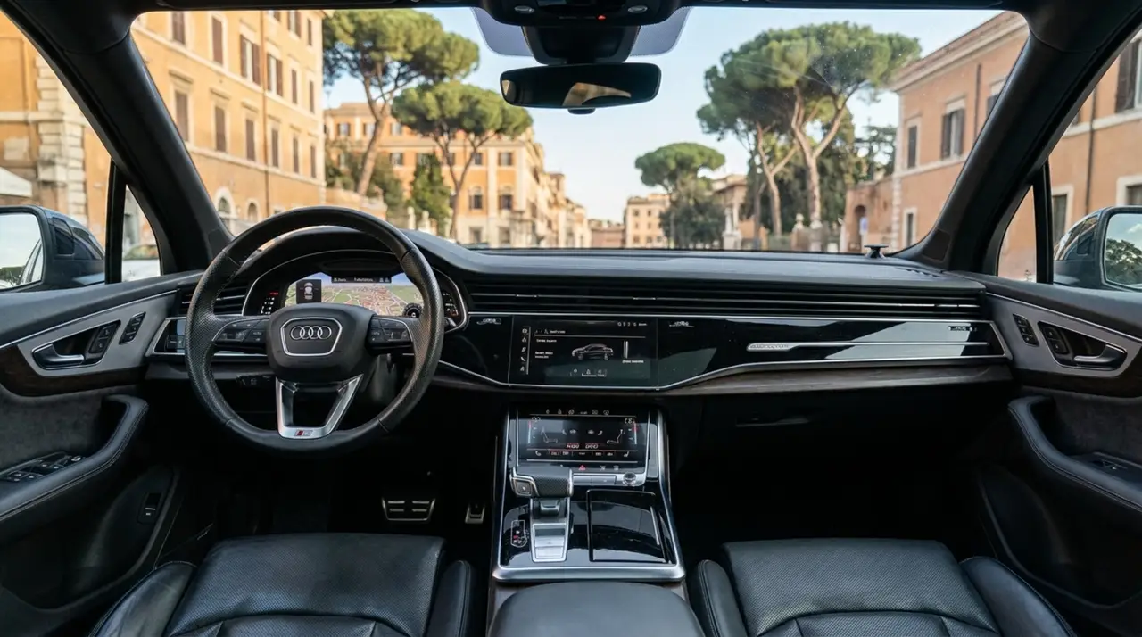 Audi SQ7 7seater 2023, vista trasera — Barcelona Luxury Car Rental, Barcelona. El Audi SQ7 de siete plazas reúne los 530 CV de su motor con el equilibrio propio de un…