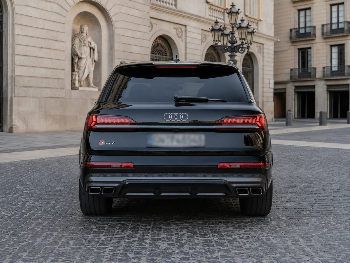 Audi SQ7 7seater 2023, rear view — Barcelona Luxury Car Rental, Barcelona. The 2023 Audi SQ7 pairs a 530 hp drivetrain with genuine seven-seat practicality, a…