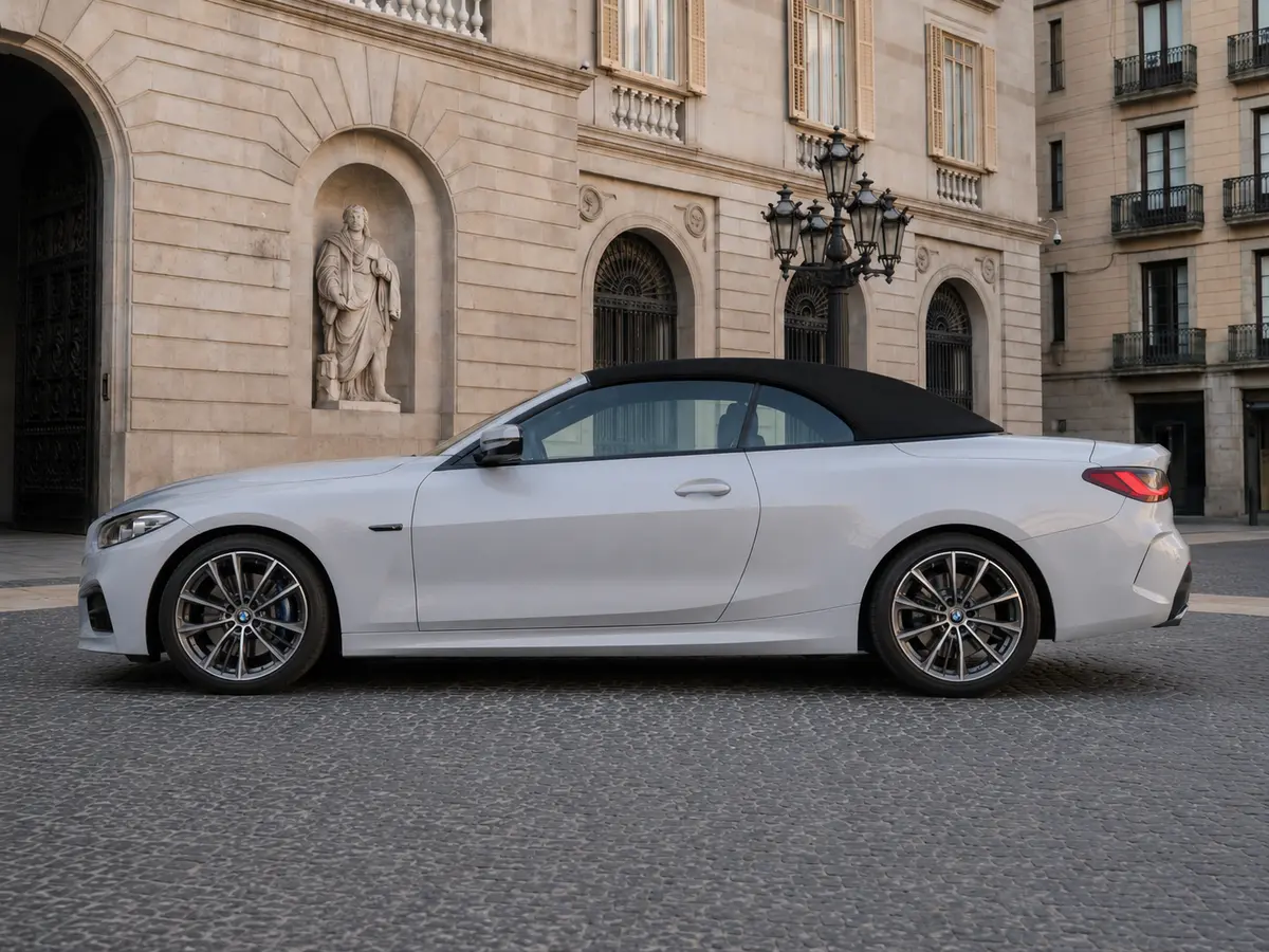 BMW 430i Cabrio 2023, exterior — Barcelona Luxury Car Rental, Barcelona. The 2023 BMW 430i Cabrio pairs a 245 hp turbocharged engine with the composure BMW's 4…