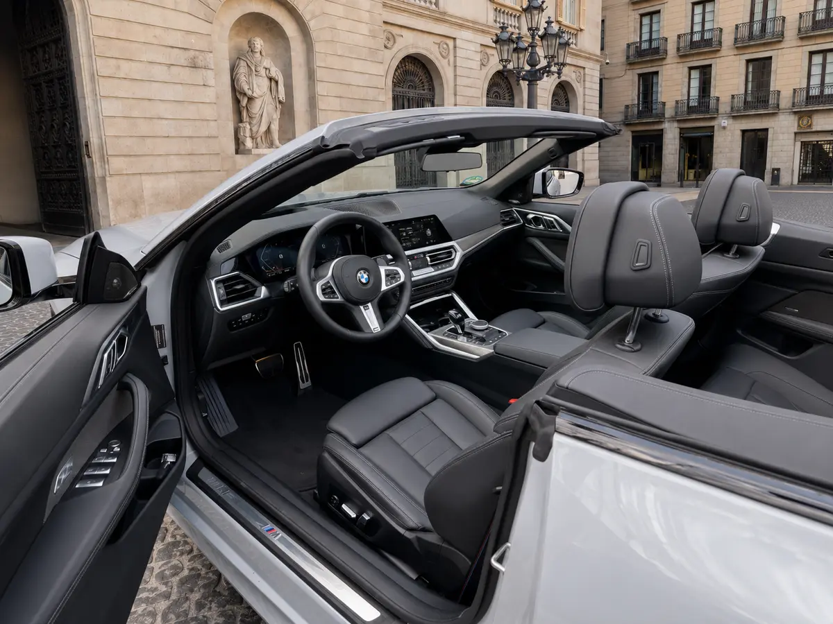 BMW 430i Cabrio 2023, rear view — Barcelona Luxury Car Rental, Barcelona. The 2023 BMW 430i Cabrio pairs a 245 hp turbocharged engine with the composure BMW's 4…