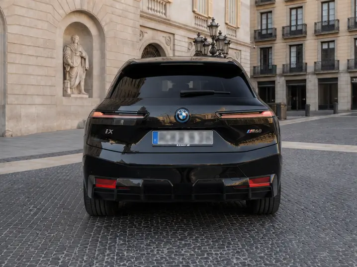 BMW IX M60 2023, rear view — Barcelona Luxury Car Rental, Barcelona. The BMW iX M60 brings 619 hp to a fully electric SUV body, and the difference is…
