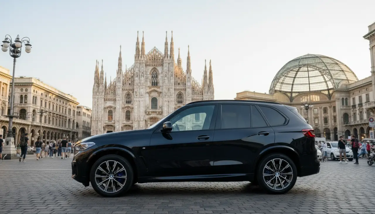 BMW X5 4.0i M 2025, vue arrière — Barcelona Luxury Car Rental, Barcelona. Le BMW X5 4.0i M 2025 s'adresse à ceux qui veulent un SUV capable sans renoncer à la…