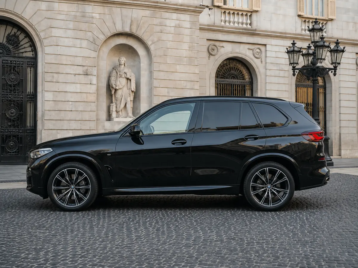 BMW X5 4.0i M 2025, exterior — Barcelona Luxury Car Rental, Barcelona. The 2025 BMW X5 4.0i M pairs a 381 hp drivetrain with the composure BMW's M-tuned SUVs…