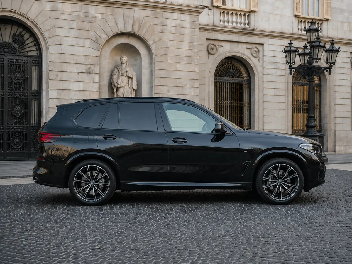 BMW X5 4.0i M 2025, front view — Barcelona Luxury Car Rental, Barcelona. The 2025 BMW X5 4.0i M pairs a 381 hp drivetrain with the composure BMW's M-tuned SUVs…