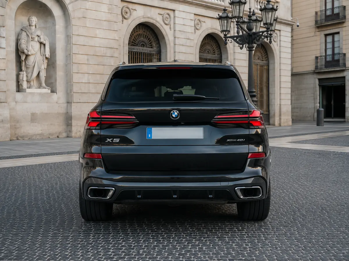 BMW X5 4.0i M 2025, rear view — Barcelona Luxury Car Rental, Barcelona. The 2025 BMW X5 4.0i M pairs a 381 hp drivetrain with the composure BMW's M-tuned SUVs…