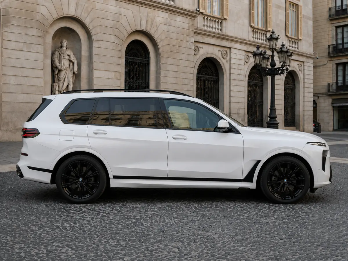 BMW X7 40d M 2024, front view — Barcelona Luxury Car Rental, Barcelona. The 2024 BMW X7 40d M brings seven seats and 352 hp to a segment where most luxury SUVs…