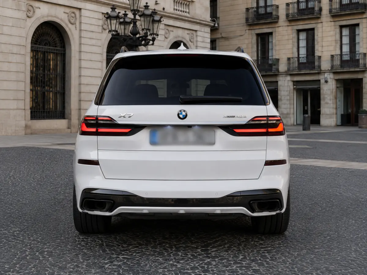 BMW X7 40d M 2024, rear view — Barcelona Luxury Car Rental, Barcelona. The 2024 BMW X7 40d M brings seven seats and 352 hp to a segment where most luxury SUVs…