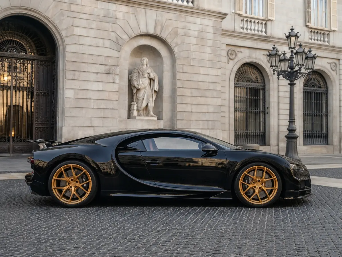 Bugatti Chiron 110 Ani 2019, front view — Barcelona Luxury Car Rental, Barcelona. The 2019 Bugatti Chiron 110 Ans is one of the rarest cars in the collection, built to…