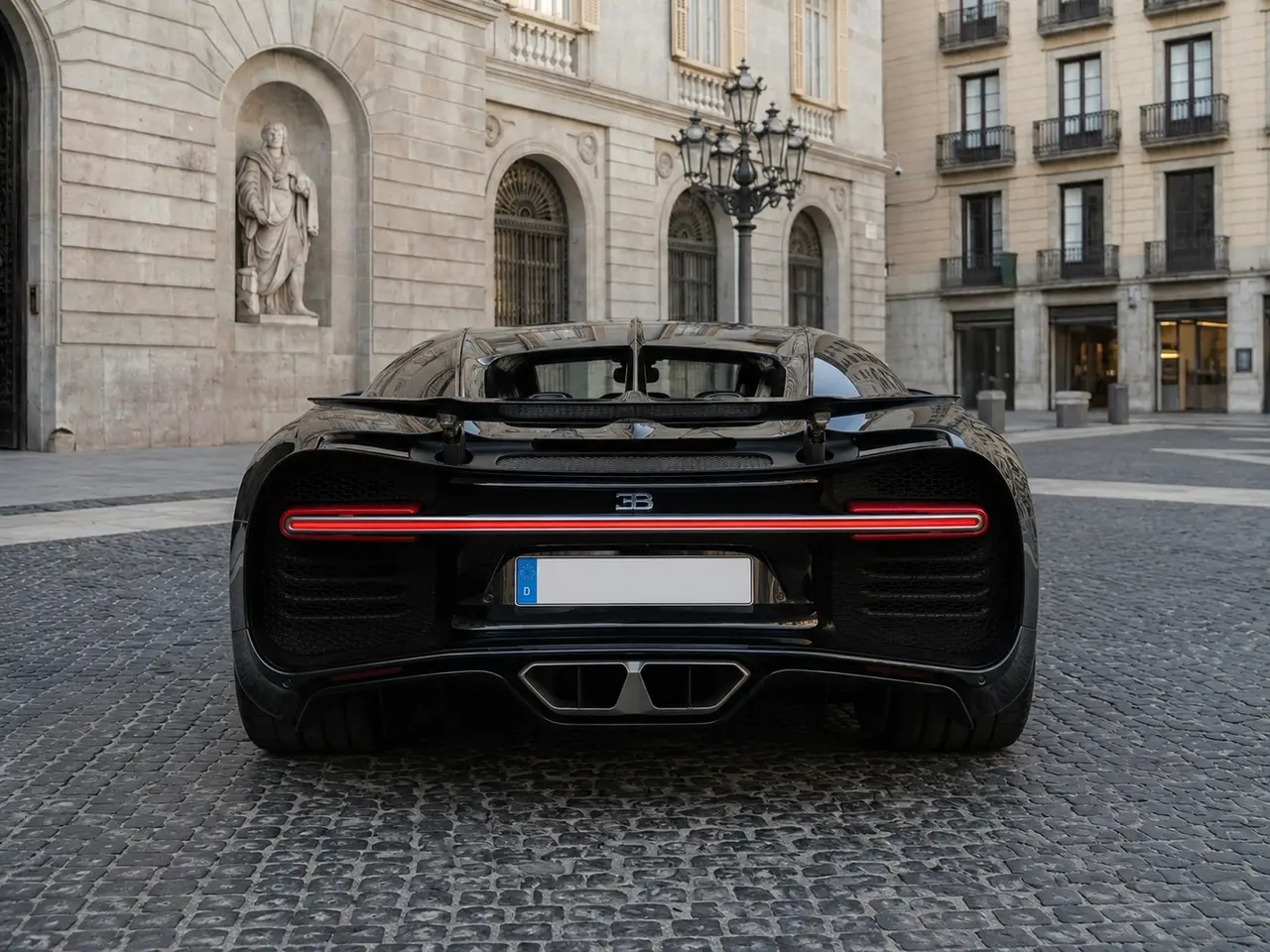 Bugatti Chiron 110 Ani 2019, rear view — Barcelona Luxury Car Rental, Barcelona. The 2019 Bugatti Chiron 110 Ans is one of the rarest cars in the collection, built to…