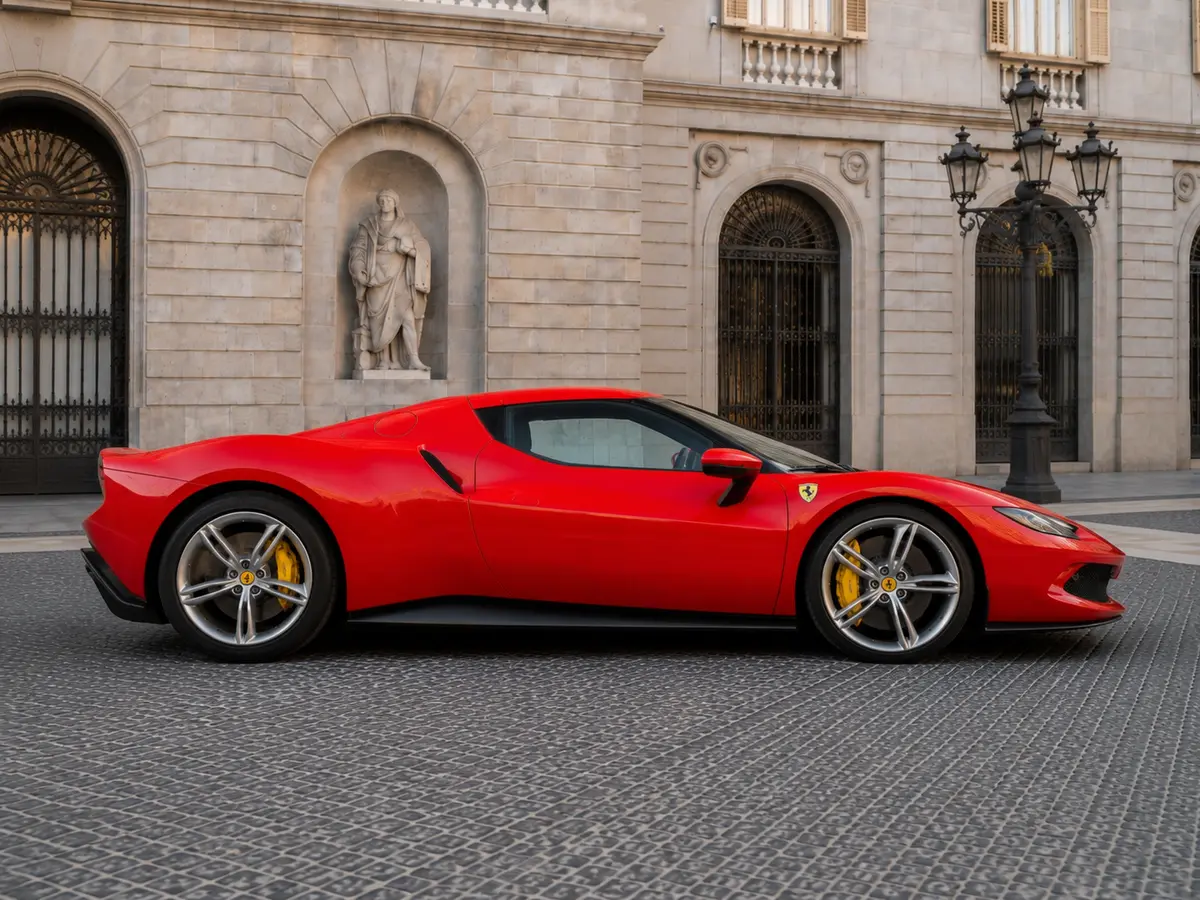 Ferrari 296 GTB 2023, rear view — Barcelona Luxury Car Rental, Barcelona. The Ferrari 296 GTB pairs a twin-turbo V6 with hybrid assistance to produce 830 hp, a…