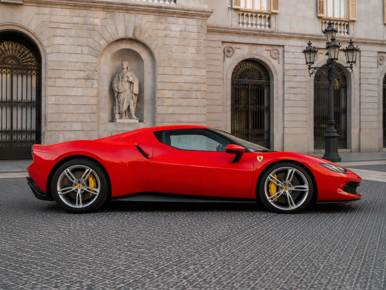 Ferrari 296 GTB 2023, rear view — Barcelona Luxury Car Rental, Barcelona. The Ferrari 296 GTB pairs a twin-turbo V6 with hybrid assistance to produce 830 hp, a…