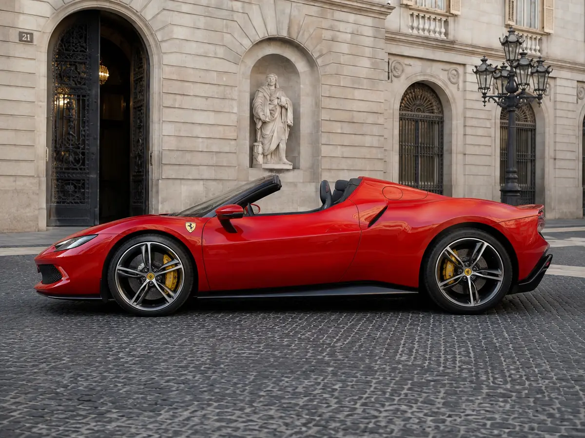 Ferrari 296 GTS Spider 2024, extérieur — Barcelona Luxury Car Rental, Barcelone. La Ferrari 296 GTS Spider allie un moteur V6 hybride de 819 ch à une architecture…