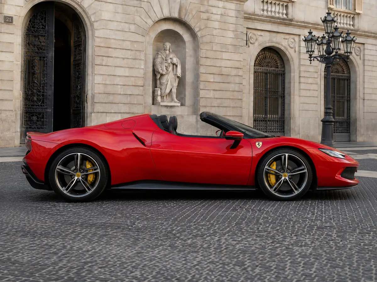 Ferrari 296 GTS Spider 2024, vue arrière — Barcelona Luxury Car Rental, Barcelone. La Ferrari 296 GTS Spider allie un moteur V6 hybride de 819 ch à une architecture…