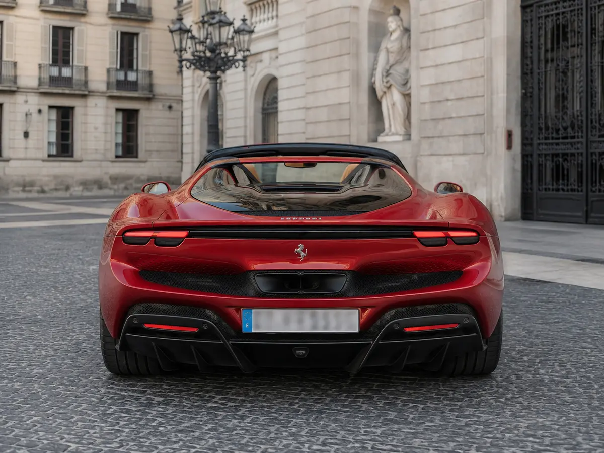 Ferrari 296 GTS Spider 2025, rear view — Barcelona Luxury Car Rental, Barcelona. The 2025 Ferrari 296 GTS Spider arrives with 819 hp routed through a two-seat cockpit…