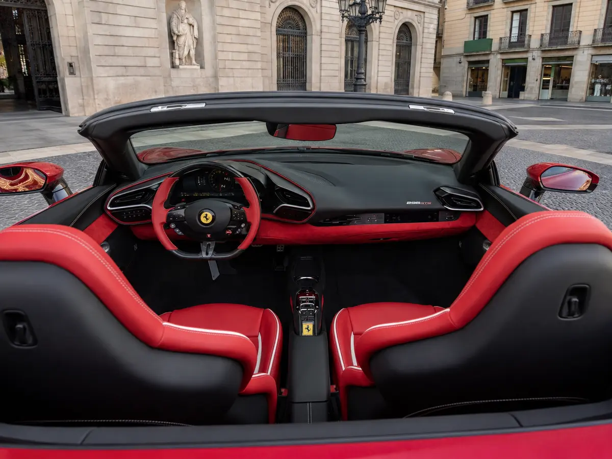 Ferrari 296 GTS Spider 2025, interior — Barcelona Luxury Car Rental, Barcelona. The 2025 Ferrari 296 GTS Spider arrives with 819 hp routed through a two-seat cockpit…