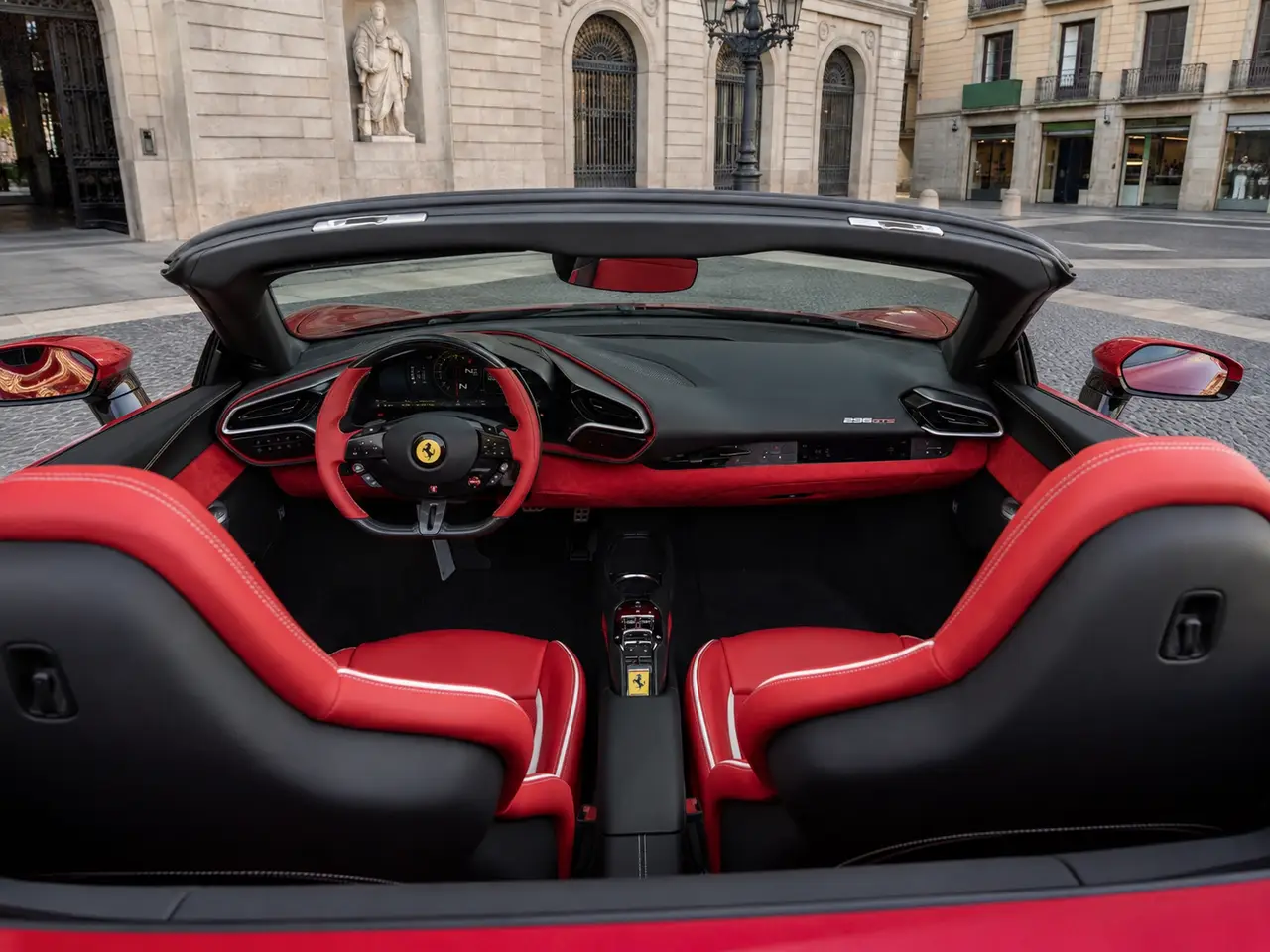 Ferrari 296 GTS Spider 2025, interior — Barcelona Luxury Car Rental, Barcelona. The 2025 Ferrari 296 GTS Spider arrives with 819 hp routed through a two-seat cockpit…