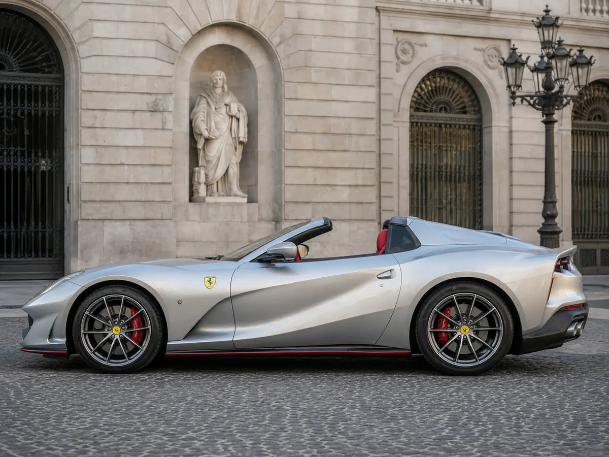 Ferrari 812 GTS 2024, exterior — Barcelona Luxury Car Rental, Barcelona. The Ferrari 812 GTS pairs a naturally aspirated V12 with a retractable hard top,…