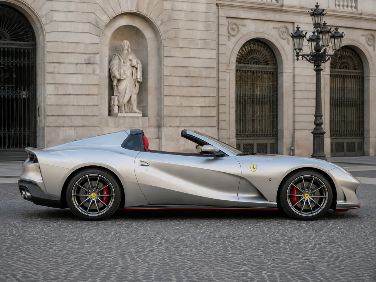 Ferrari 812 GTS 2024, front view — Barcelona Luxury Car Rental, Barcelona. The Ferrari 812 GTS pairs a naturally aspirated V12 with a retractable hard top,…