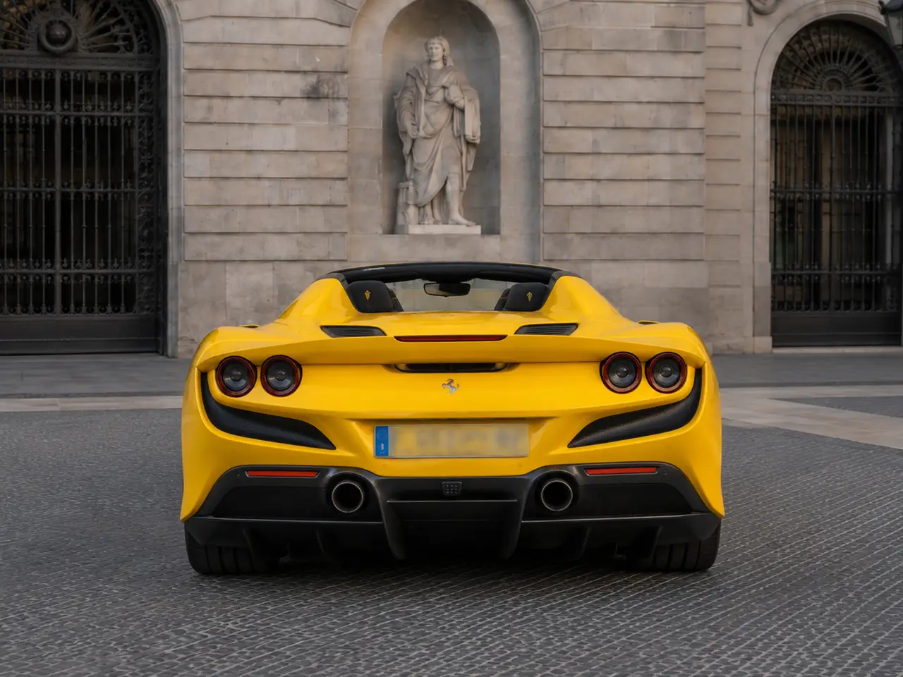 Ferrari F8 SPIDER 2023, rear view — Barcelona Luxury Car Rental, Barcelona. The Ferrari F8 Spider pairs a 720 hp twin-turbo V8 with a retractable hard top, giving…