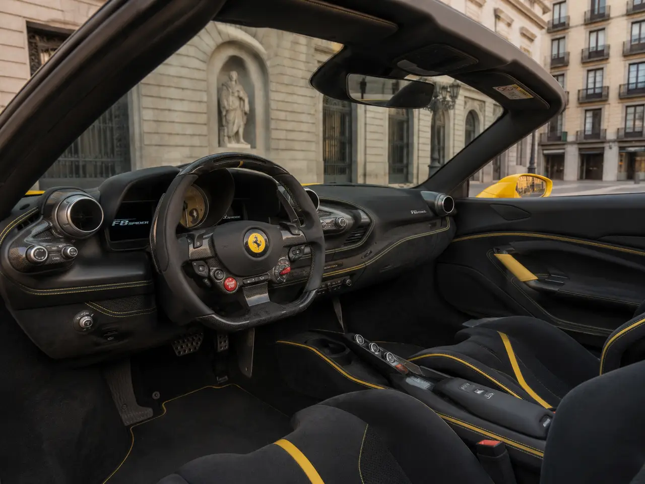 Ferrari F8 SPIDER 2023, interior — Barcelona Luxury Car Rental, Barcelona. The Ferrari F8 Spider pairs a 720 hp twin-turbo V8 with a retractable hard top, giving…