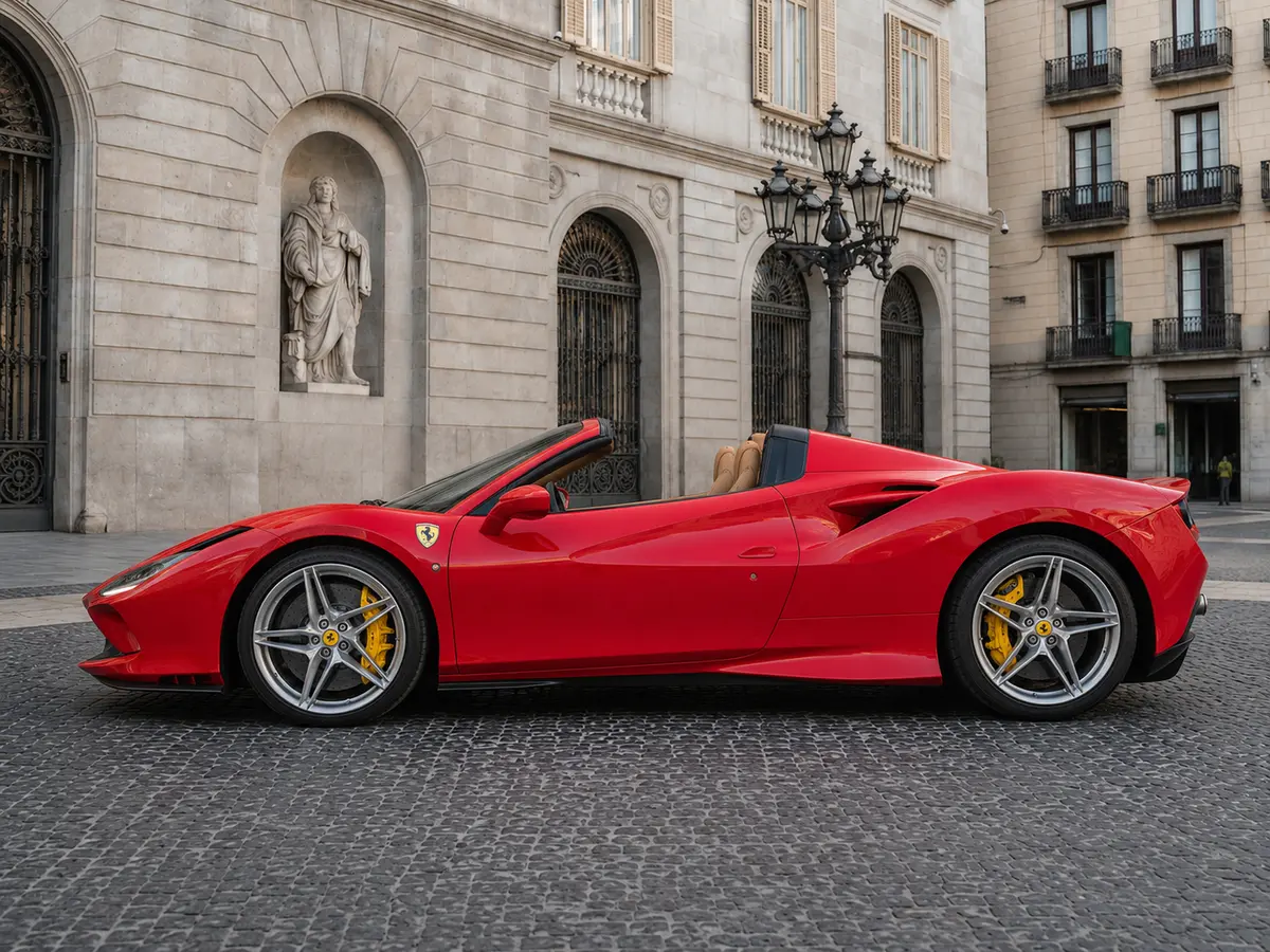 Ferrari F8 Tributo Spider Red 2023, exterior — Barcelona Luxury Car Rental, Barcelona. The Ferrari F8 Tributo Spider in red pairs a twin-turbocharged V8 producing 720 hp with a…