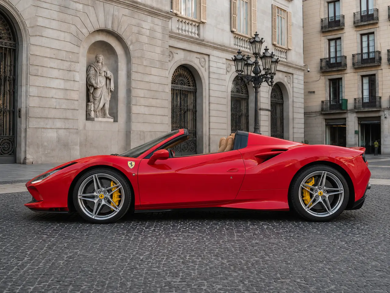 Ferrari F8 Tributo Spider Red 2023, exterior — Barcelona Luxury Car Rental, Barcelona. The Ferrari F8 Tributo Spider in red pairs a twin-turbocharged V8 producing 720 hp with a…