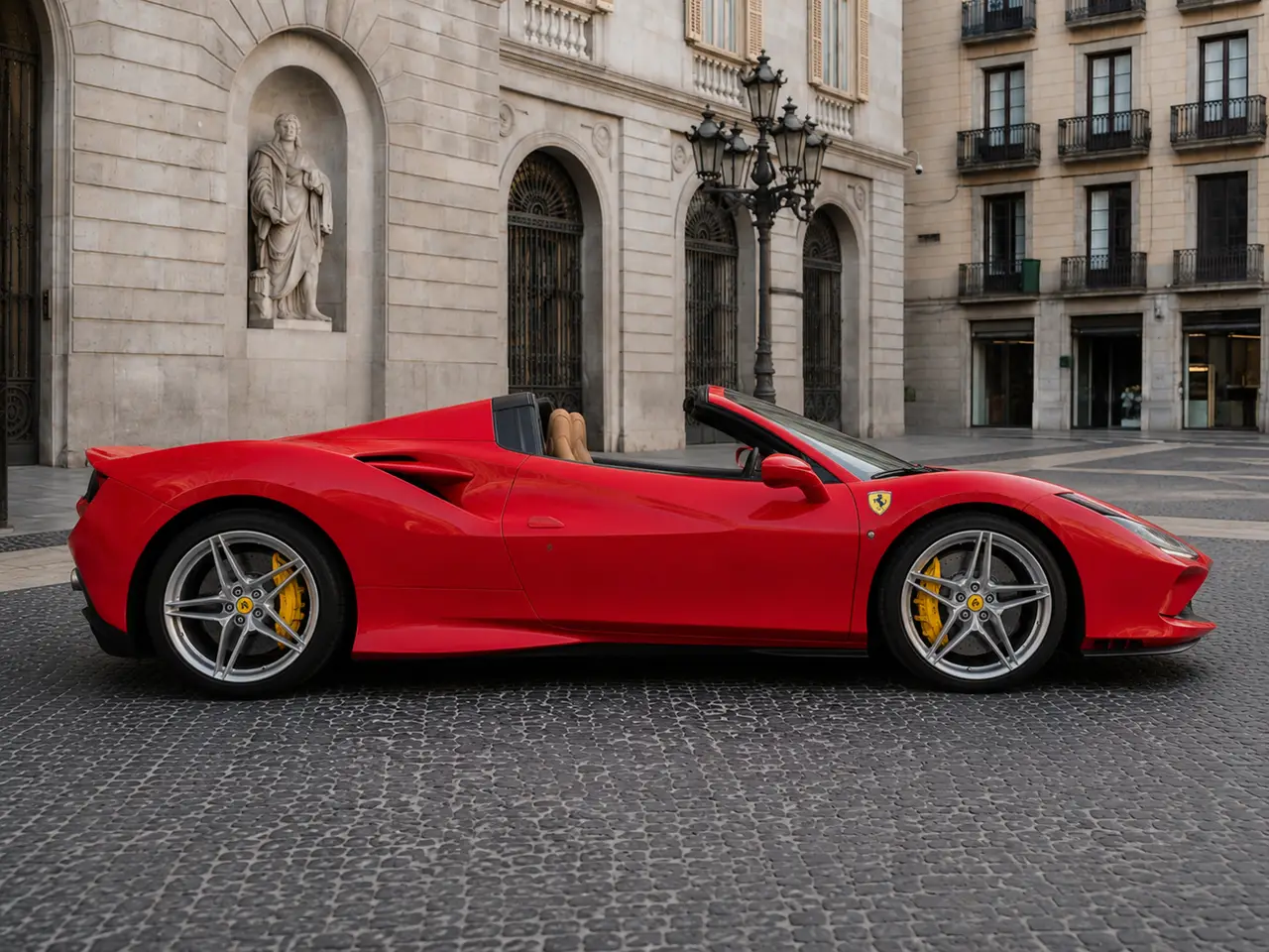 Ferrari F8 Tributo Spider Red 2023, front view — Barcelona Luxury Car Rental, Barcelona. The Ferrari F8 Tributo Spider in red pairs a twin-turbocharged V8 producing 720 hp with a…