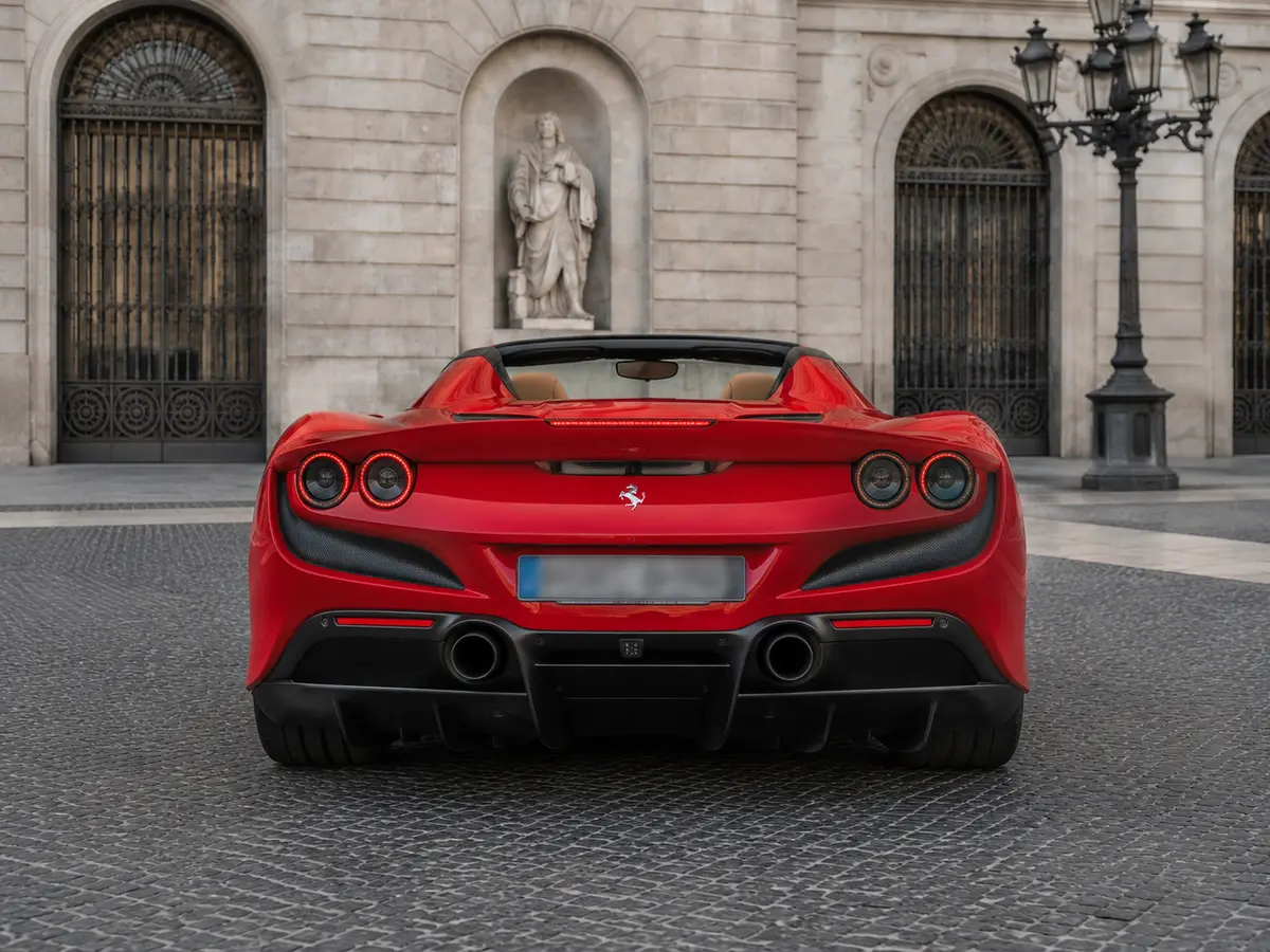 Ferrari F8 Tributo Spider Red 2023, rear view — Barcelona Luxury Car Rental, Barcelona. The Ferrari F8 Tributo Spider in red pairs a twin-turbocharged V8 producing 720 hp with a…