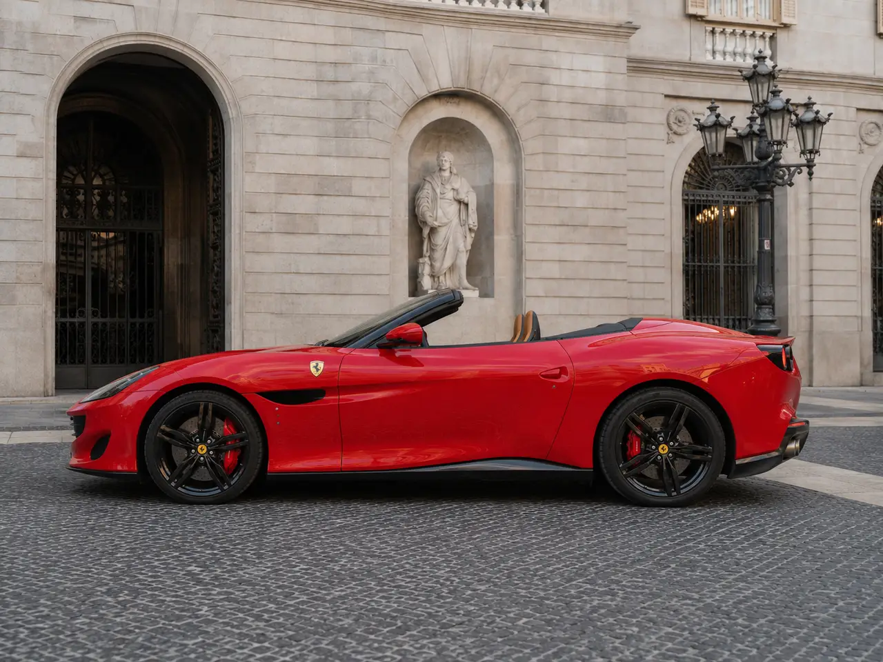 Ferrari Portofino M 2023, exterior — Barcelona Luxury Car Rental, Barcelona. The Ferrari Portofino M carries 620 hp inside a genuine four-seat convertible cabin, a…