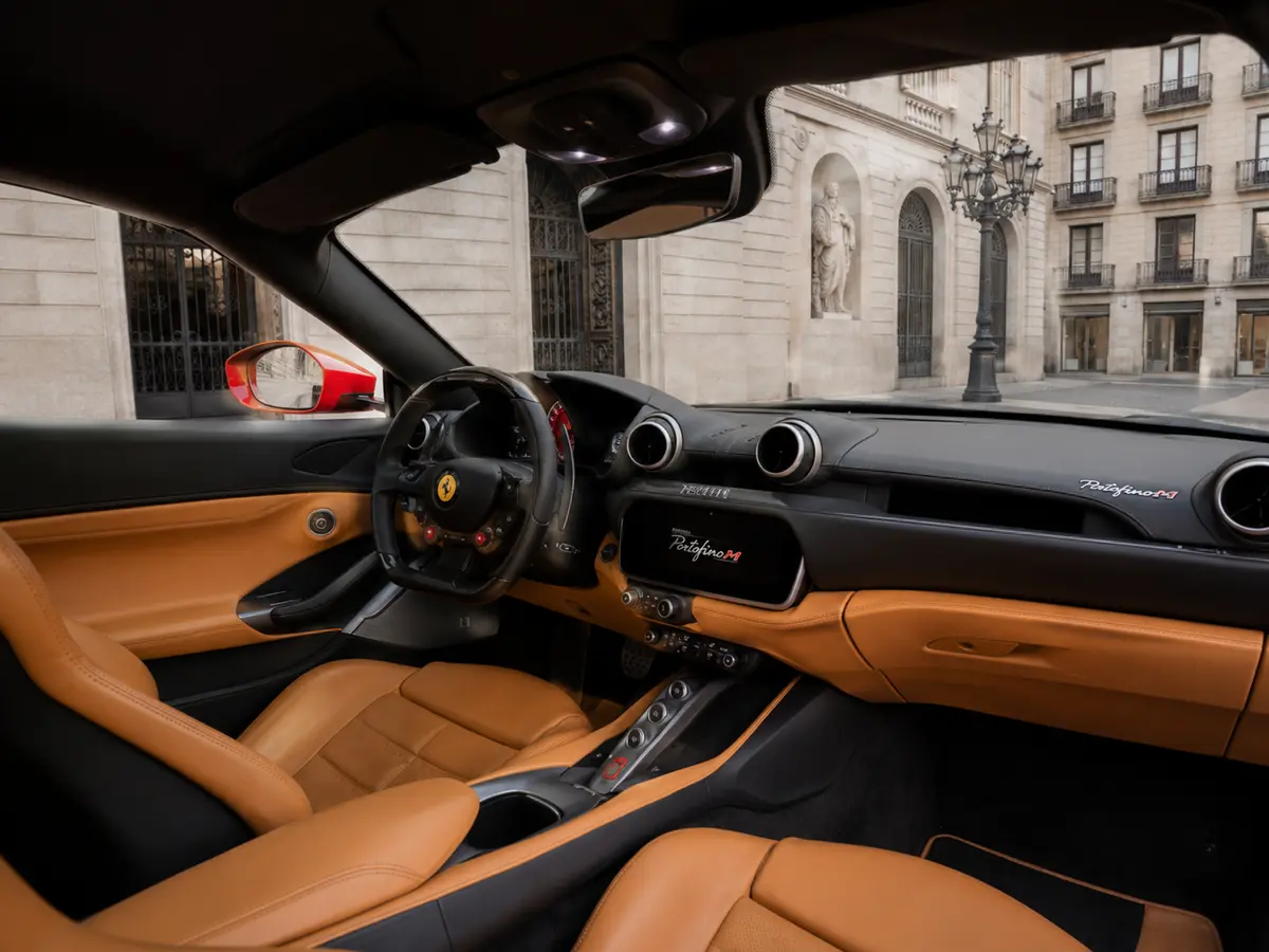 Ferrari Portofino M 2023, interior — Barcelona Luxury Car Rental, Barcelona. The Ferrari Portofino M carries 620 hp inside a genuine four-seat convertible cabin, a…
