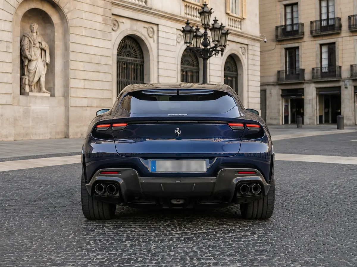Ferrari Purosangue 2024, rear view — Barcelona Luxury Car Rental, Barcelona. The Ferrari Purosangue occupies a category of its own within the marque's line-up: five…