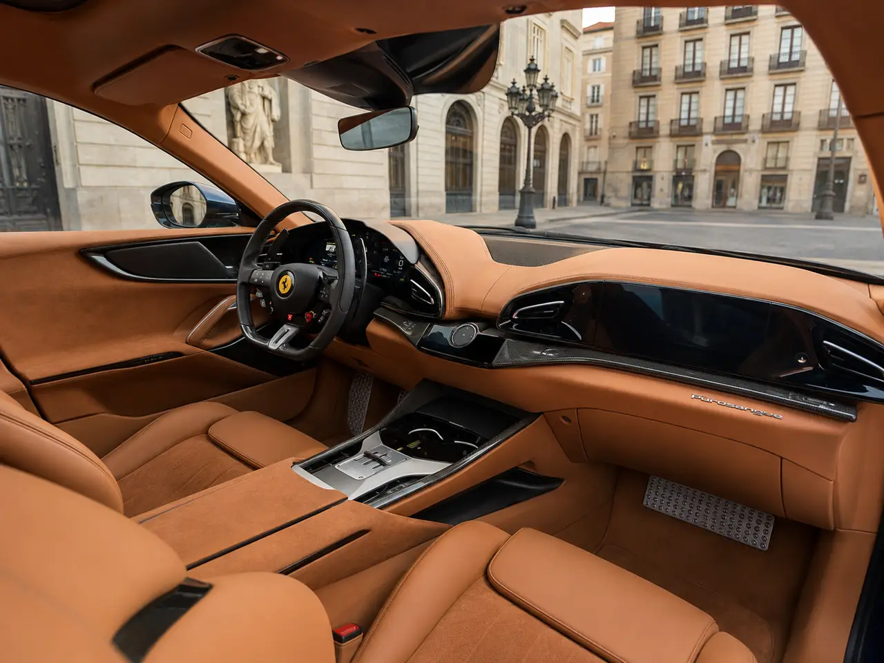 Ferrari Purosangue 2024, interior — Barcelona Luxury Car Rental, Barcelona. The Ferrari Purosangue occupies a category of its own within the marque's line-up: five…