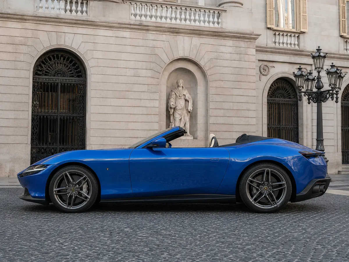 Ferrari Roma 2025, exterior — Barcelona Luxury Car Rental, Barcelona. The Ferrari Roma sits apart from the marque's mid-engined coupés: a front-engined 2+2…