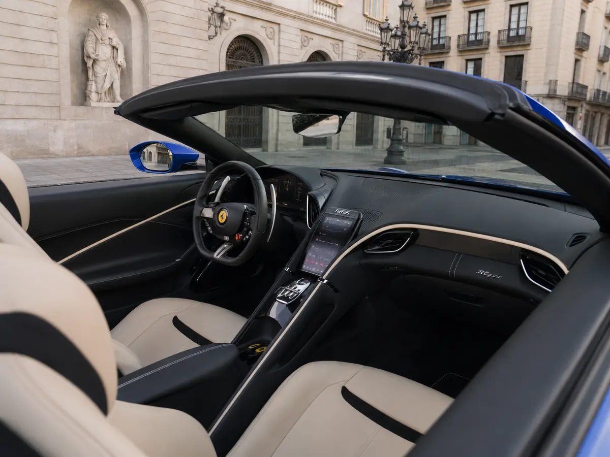 Ferrari Roma 2025, interior — Barcelona Luxury Car Rental, Barcelona. The Ferrari Roma sits apart from the marque's mid-engined coupés: a front-engined 2+2…