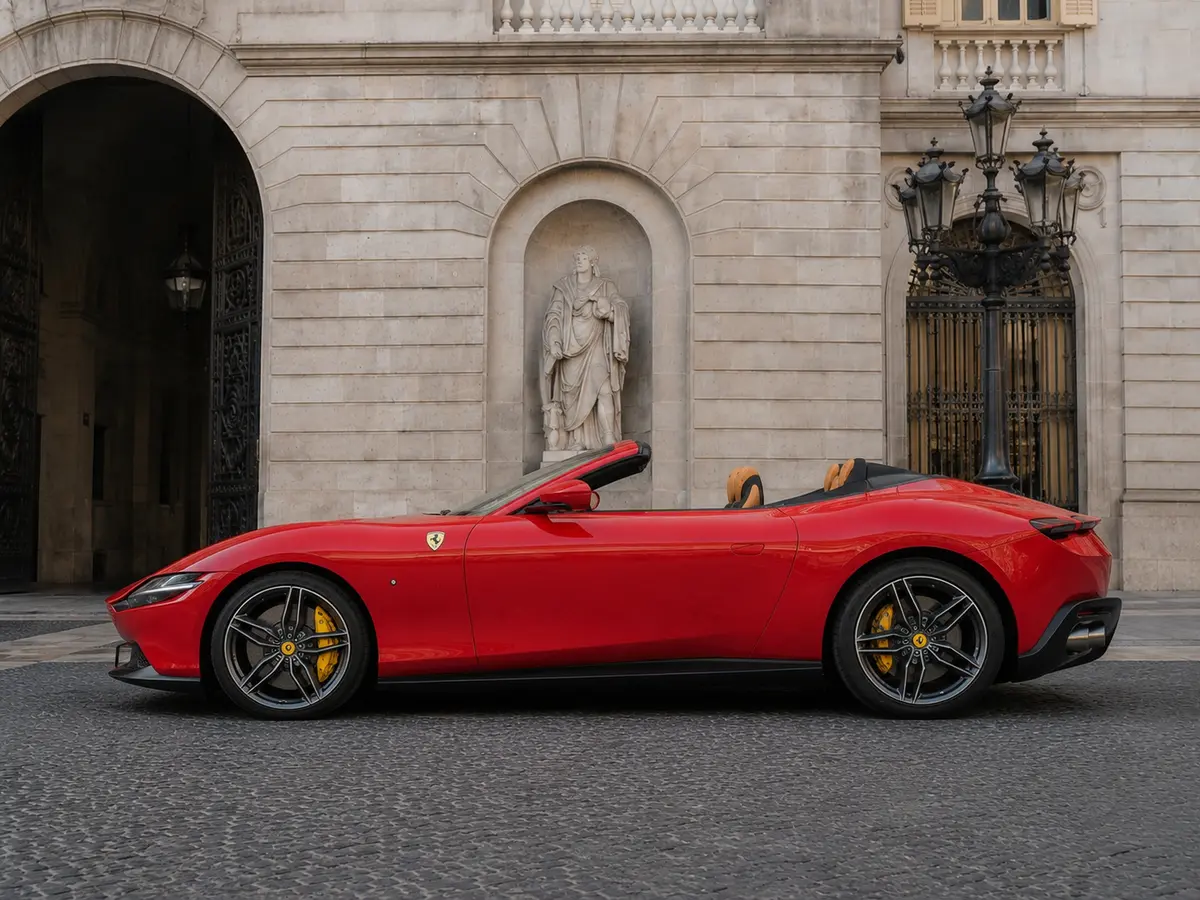 Ferrari Roma Spider 2024, exterior — Barcelona Luxury Car Rental, Barcelona. The 2024 Ferrari Roma Spider pairs 620 hp with a folding soft top, giving it a dual…