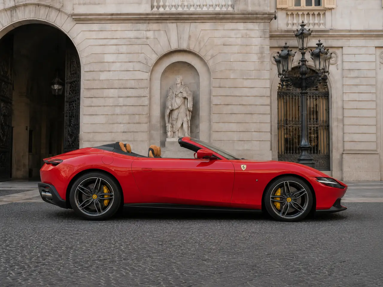 Ferrari Roma Spider 2024, front view — Barcelona Luxury Car Rental, Barcelona. The 2024 Ferrari Roma Spider pairs 620 hp with a folding soft top, giving it a dual…
