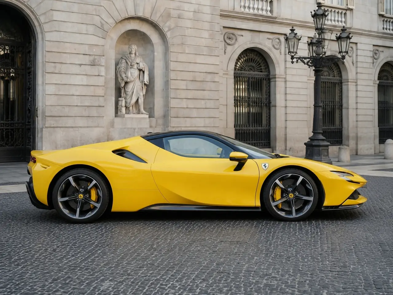 Ferrari SF90 Spider 2024, front view — Barcelona Luxury Car Rental, Barcelona. The Ferrari SF90 Spider sits at the top of the marque's current range, pairing a…